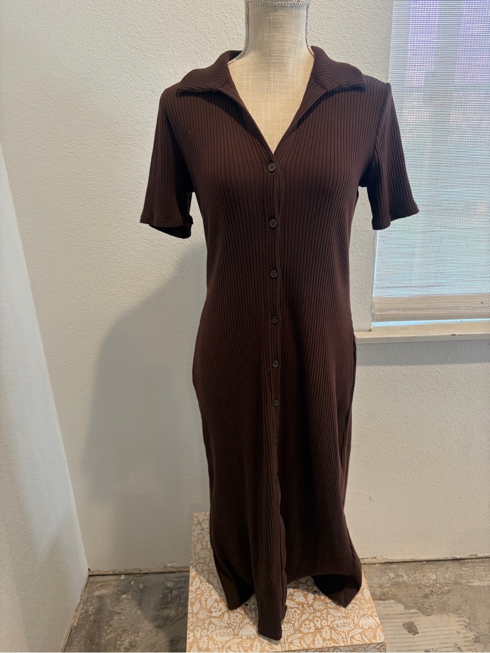 A new day Brown Ribbed Button-Front Collared Midi Dress